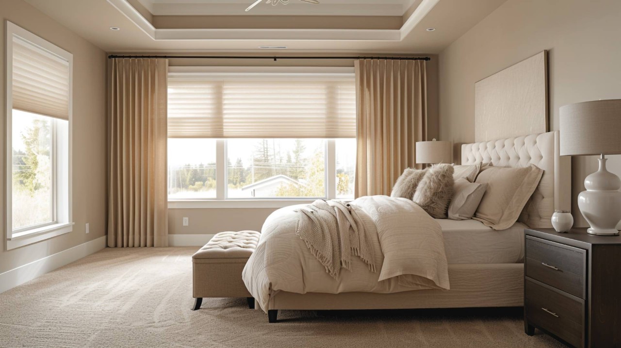 A bedroom with two sets of windows and cellular shades at Heber Valley Blinds near  Midway, Utah(UT)