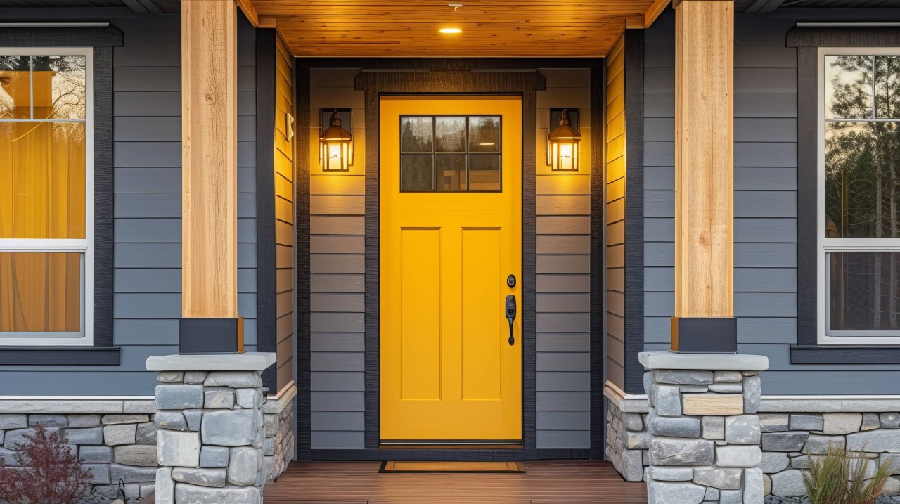 Yellow front entry door of a gray house with stone siding in Utah at Mountain Valley Window Treatments near Midway, UT