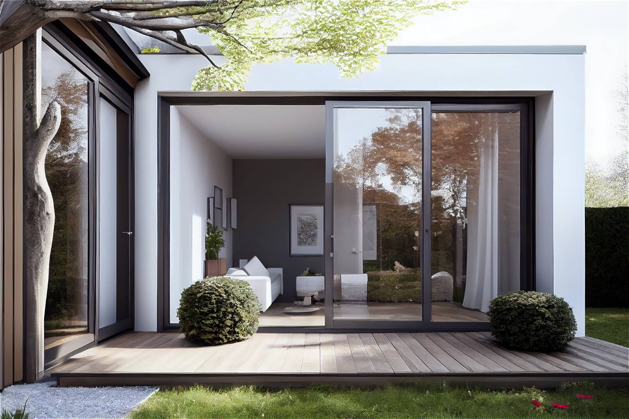 An exterior view of a sliding glass door in a modern home at Heber Valley Blinds near Midway, Utah(UT)